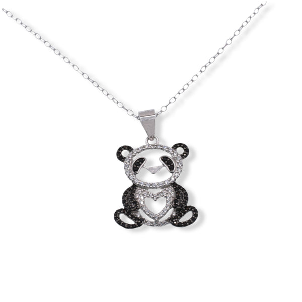 Rhodium Plated 925 Sterling Silver Panda Heart Black and Clear CZ Pendant Necklace - STP01857