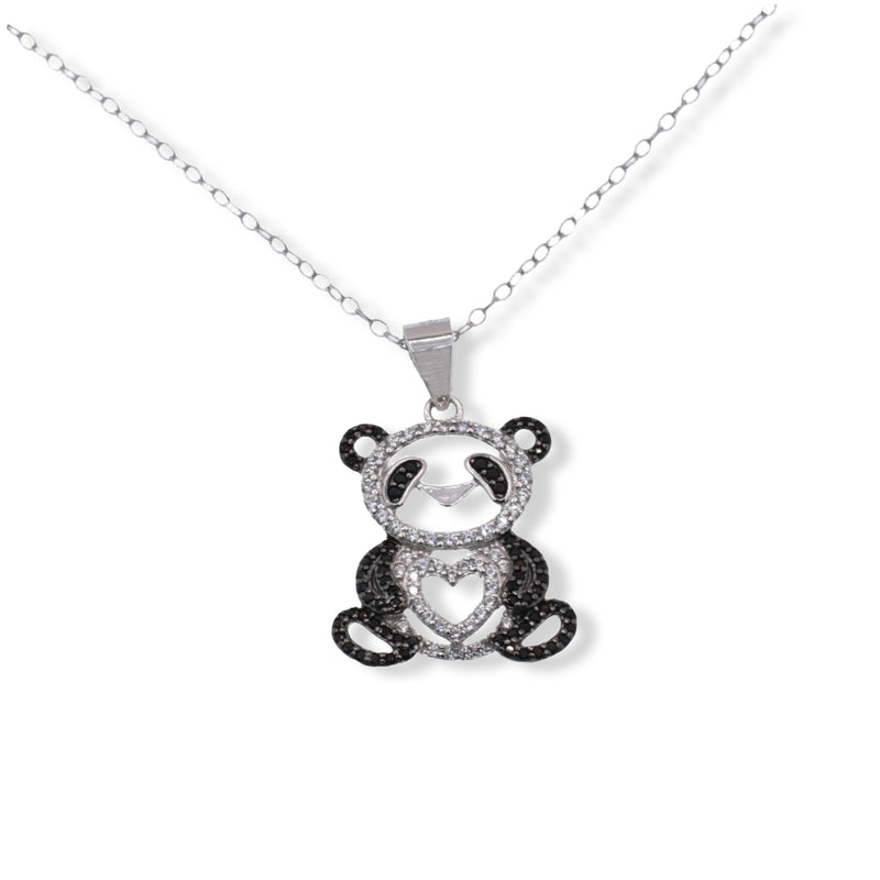 Rhodium Plated 925 Sterling Silver Panda Heart Black and Clear CZ Pendant Necklace - STP01857