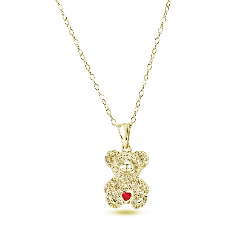 Gold Plated 925 Sterling Silver Bear Heart Red and Clear CZ Pendant Necklace - STP01858GP