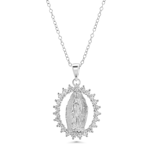 Rhodium Plated 925 Sterling Silver 16mm Our Lady of Guadalupe Pear Shaped Clear CZ Adjustable Pendant Necklace - STP01861