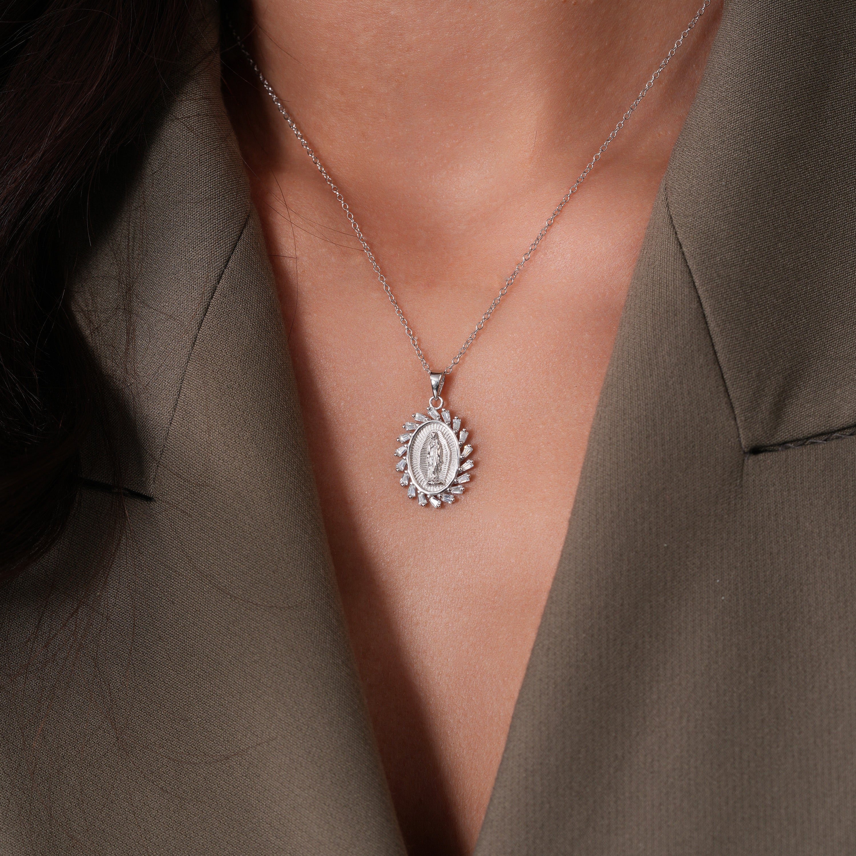 Rhodium Plated 925 Sterling Silver 14.6mm x 18.5mm Our Lady of Guadalupe Baguette Clear CZ Adjustable Pendant Necklace - STP01862