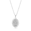 Rhodium Plated 925 Sterling Silver 14.6mm x 18.5mm Our Lady of Guadalupe Baguette Clear CZ Adjustable Pendant Necklace - STP01862