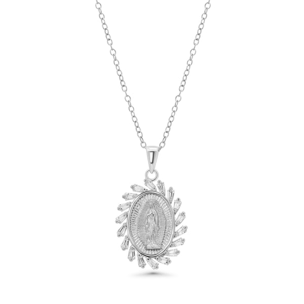 Rhodium Plated 925 Sterling Silver 14.6mm x 18.5mm Our Lady of Guadalupe Baguette Clear CZ Adjustable Pendant Necklace - STP01862