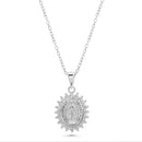 Rhodium Plated 925 Sterling Silver 12.3mm x 14.5mm Our Lady of Guadalupe Pear Shaped Clear CZ Adjustable Pendant Necklace - STP01863