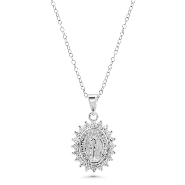 Rhodium Plated 925 Sterling Silver 12.3mm x 14.5mm Our Lady of Guadalupe Pear Shaped Clear CZ Adjustable Pendant Necklace - STP01863