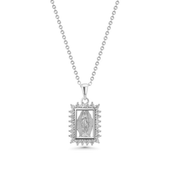 Rhodium Plated 925 Sterling Silver 11.6mm x 14.7mm Framed Our Lady of Guadalupe Pear Shaped Clear CZ Adjustable Pendant Necklace - STP01864