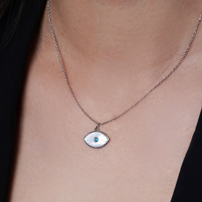 Rhodium Plated 925 Sterling Silver Synthetic White Pearl Evil Eye Blue CZ Pendant Necklace - STP01866