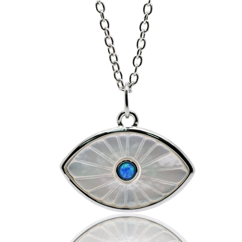 Rhodium Plated 925 Sterling Silver Synthetic White Pearl Evil Eye Blue CZ Pendant Necklace - STP01866