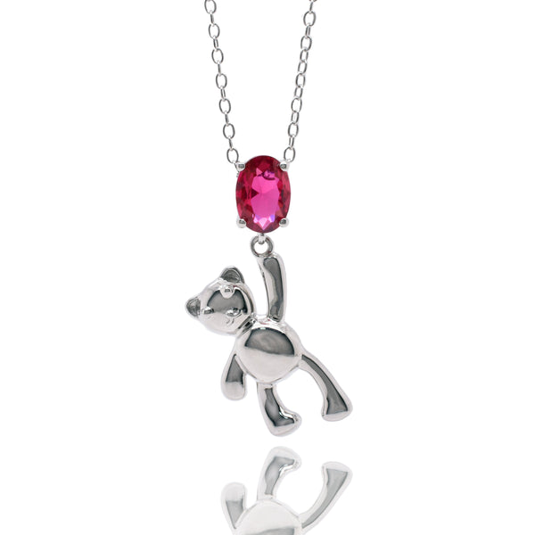 Rhodium Plated 925 Sterling Silver Teddy Bear Synthetic Ruby Red CZ Pendant Necklace - STP01867