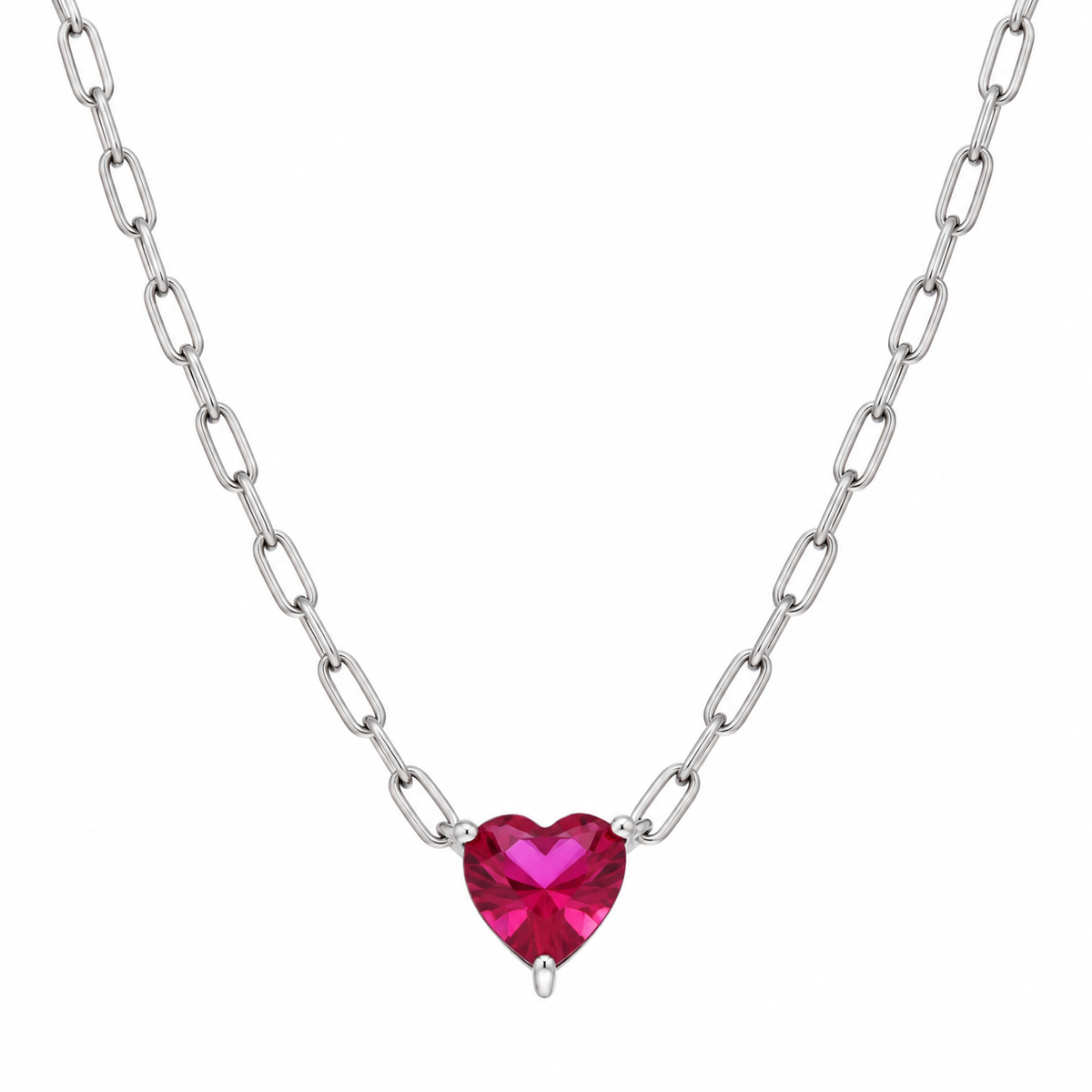 Rhodium Plated 925 Sterling Silver CZ Heart  Paper Link Chain Necklace - STP01880