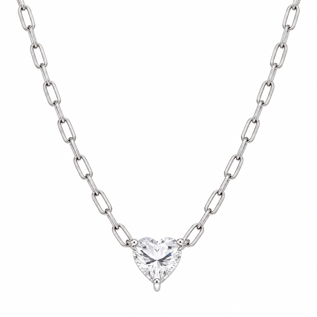 Rhodium Plated 925 Sterling Silver CZ Heart  Paper Link Chain Necklace - STP01880
