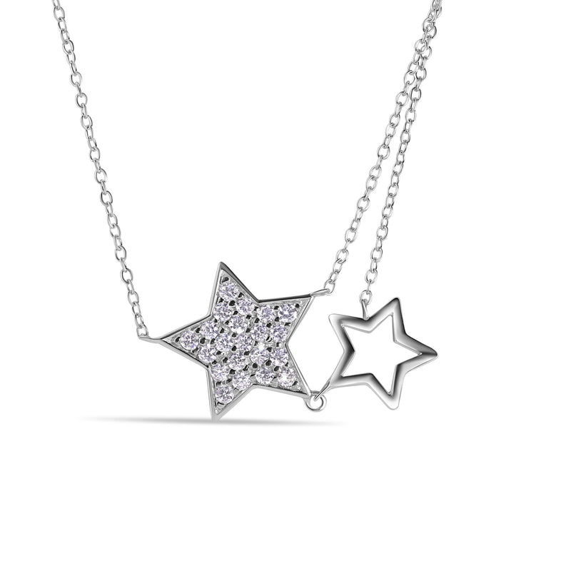 Silver 925 Rhodium Plated Open and Closed Star CZ Inlay Necklace - STP00529