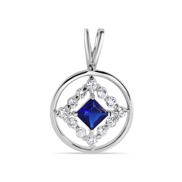 Closeout-Rhodium Plated 925 Sterling Silver Round Clear CZ and Square Blue Pendant - STP00907BLU