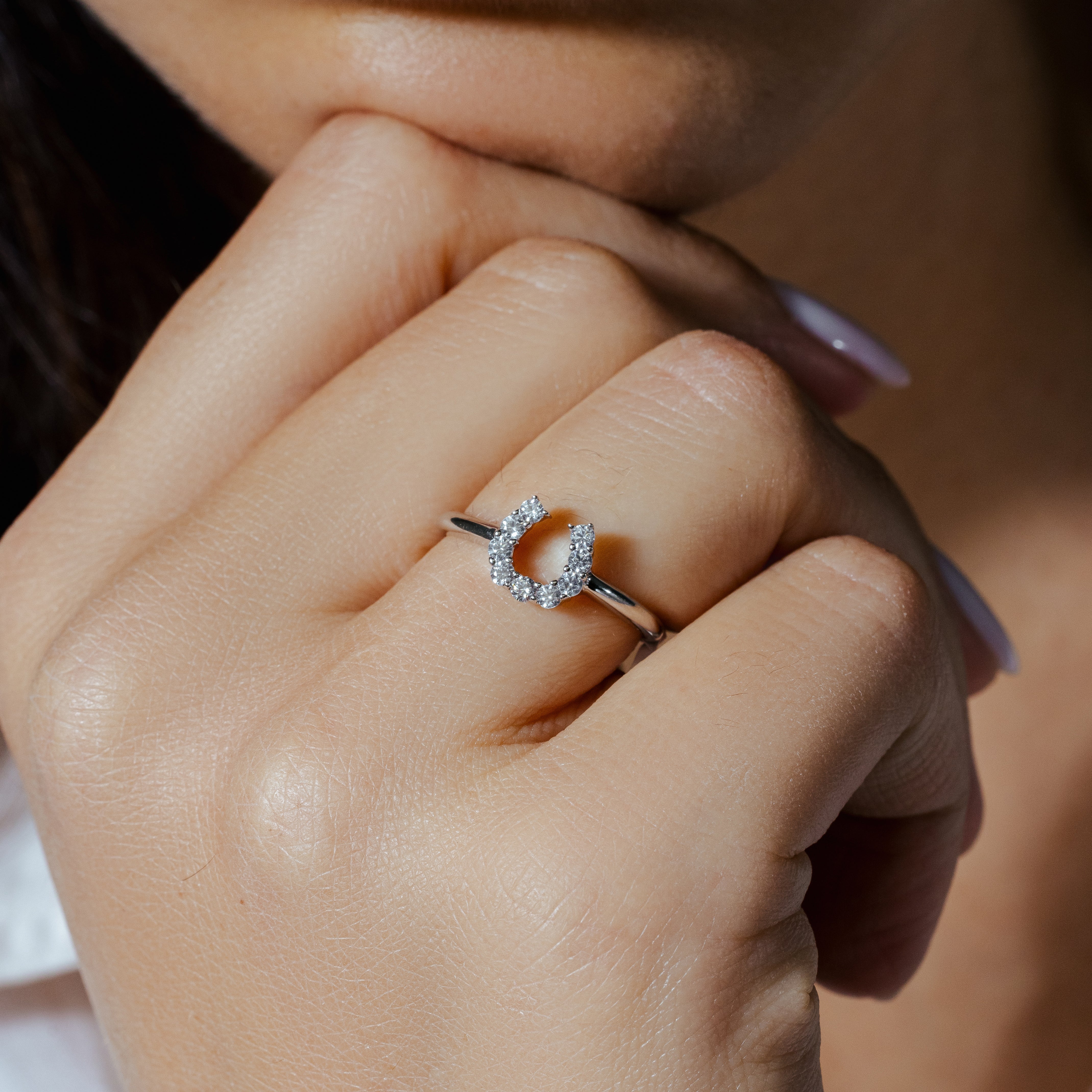 Silver 925 Rhodium Plated Lucky Horseshoe CZ Ring - STR00022