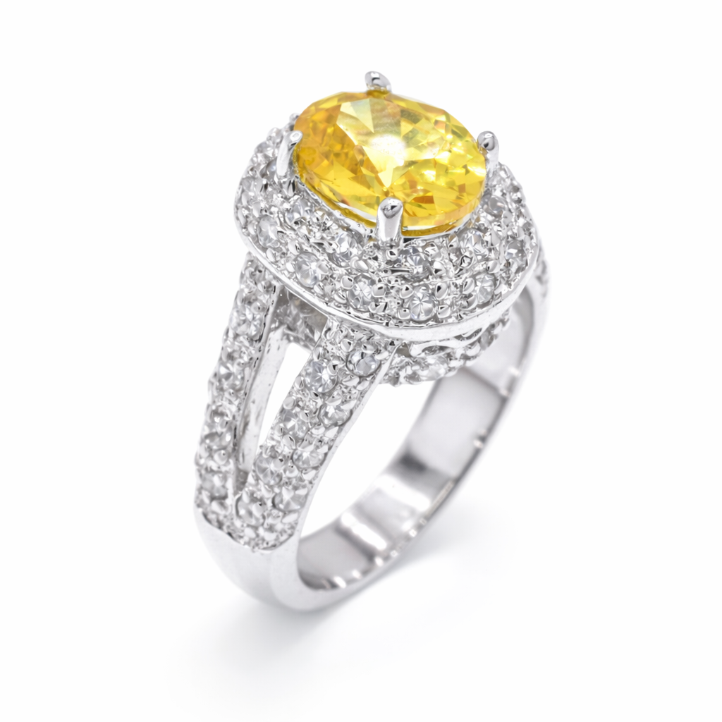 Clearance-Rhodium Plated 925 Sterling Silver Yellow CZ Cocktail Ring - STR00100