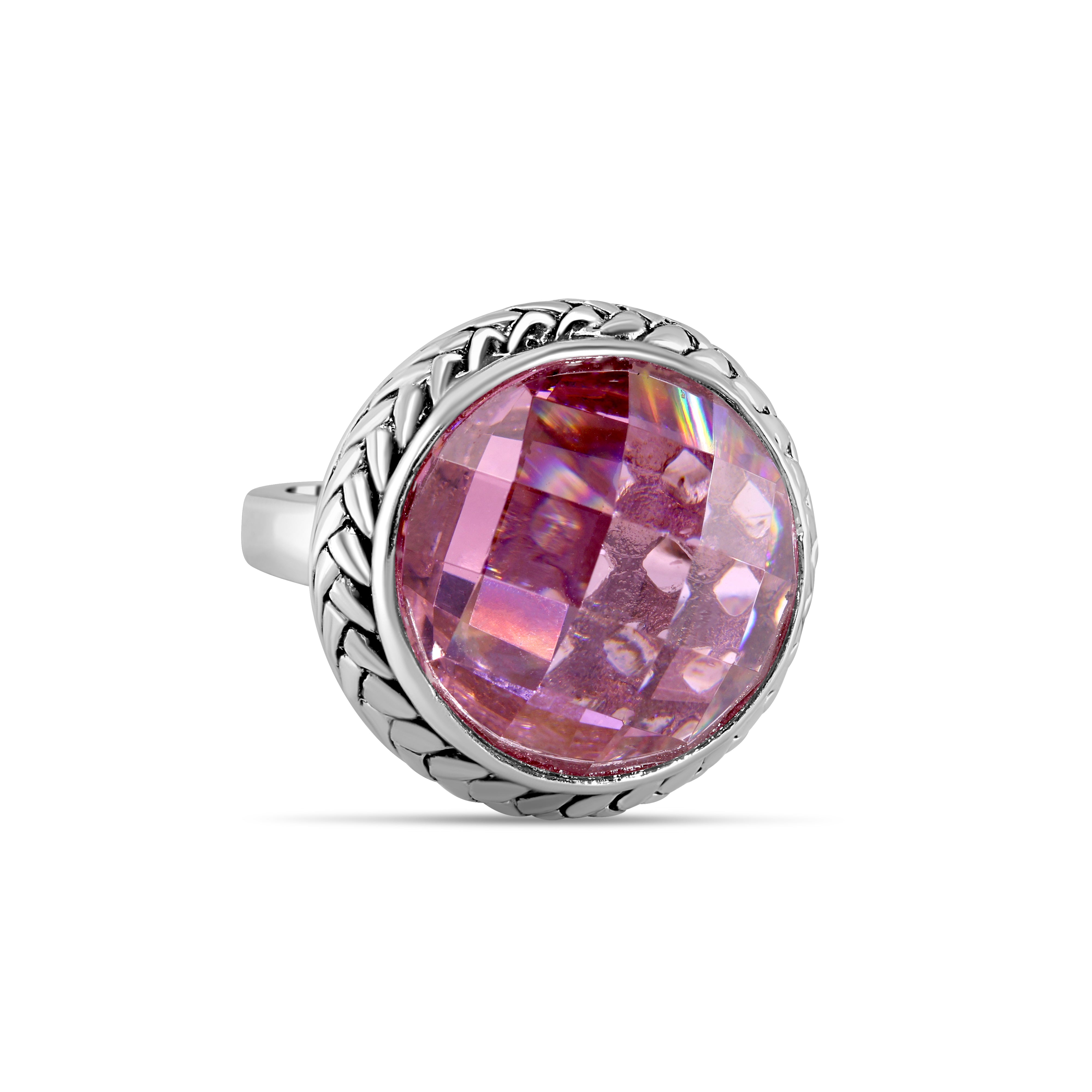 Rhodium Plated 925 Sterling Silver Dome Style Light Amethyst Pink 