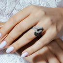 Clearance-Silver 925 Rhodium and Black Rhodium Plated Intertwined Black and Clear CZ Heart Ring - STR00025