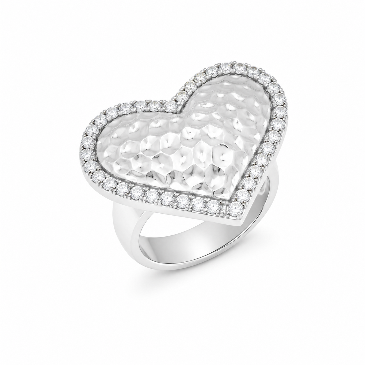 Clearance- Rhodium PLated 925 Silver Hammered Chunky CZ Heart Ring - STR00341