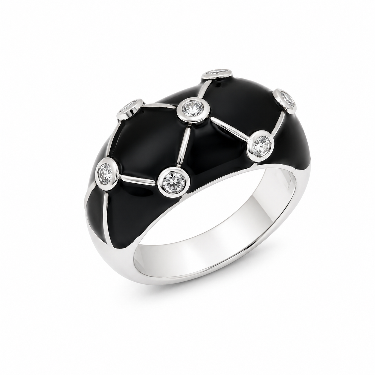 Clearance-Rhodium Plated 925 Silver Black Enamel & CZ Geometric Dome Ring - STR00424