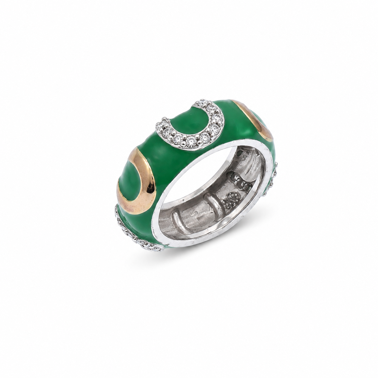 Anillo de herradura de circonita cúbica con esmalte verde y baño de rodio en plata 925 (liquidación) - STR00455