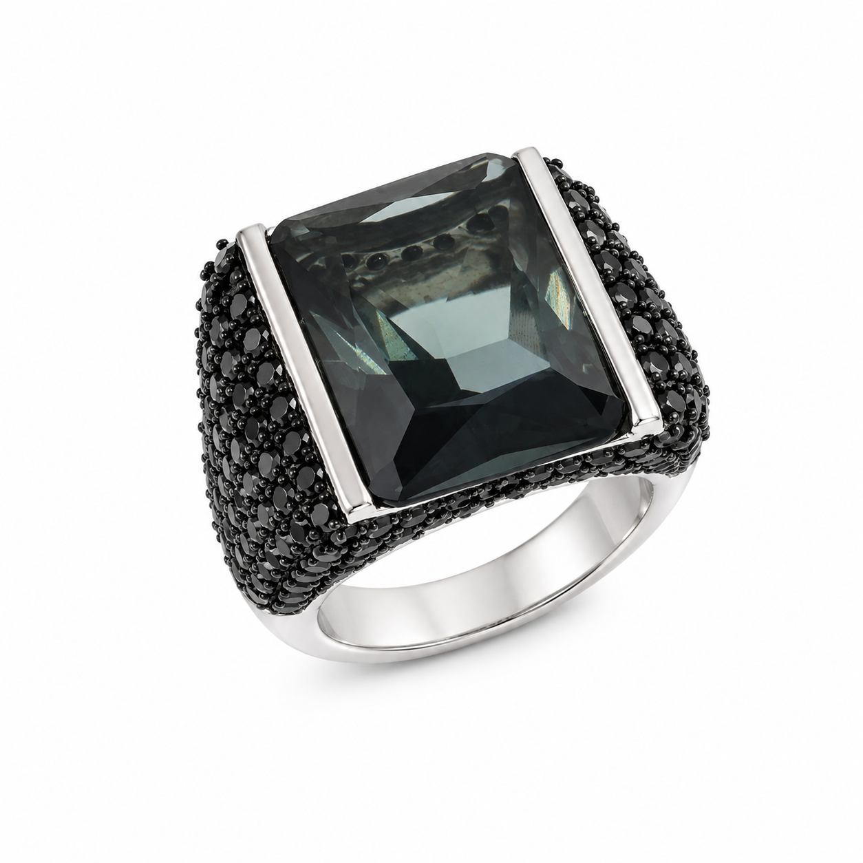 Clearance-Rhodium and Black Rhodium Plated 925 Silver Black & Green Pave Square Ring - STR00488