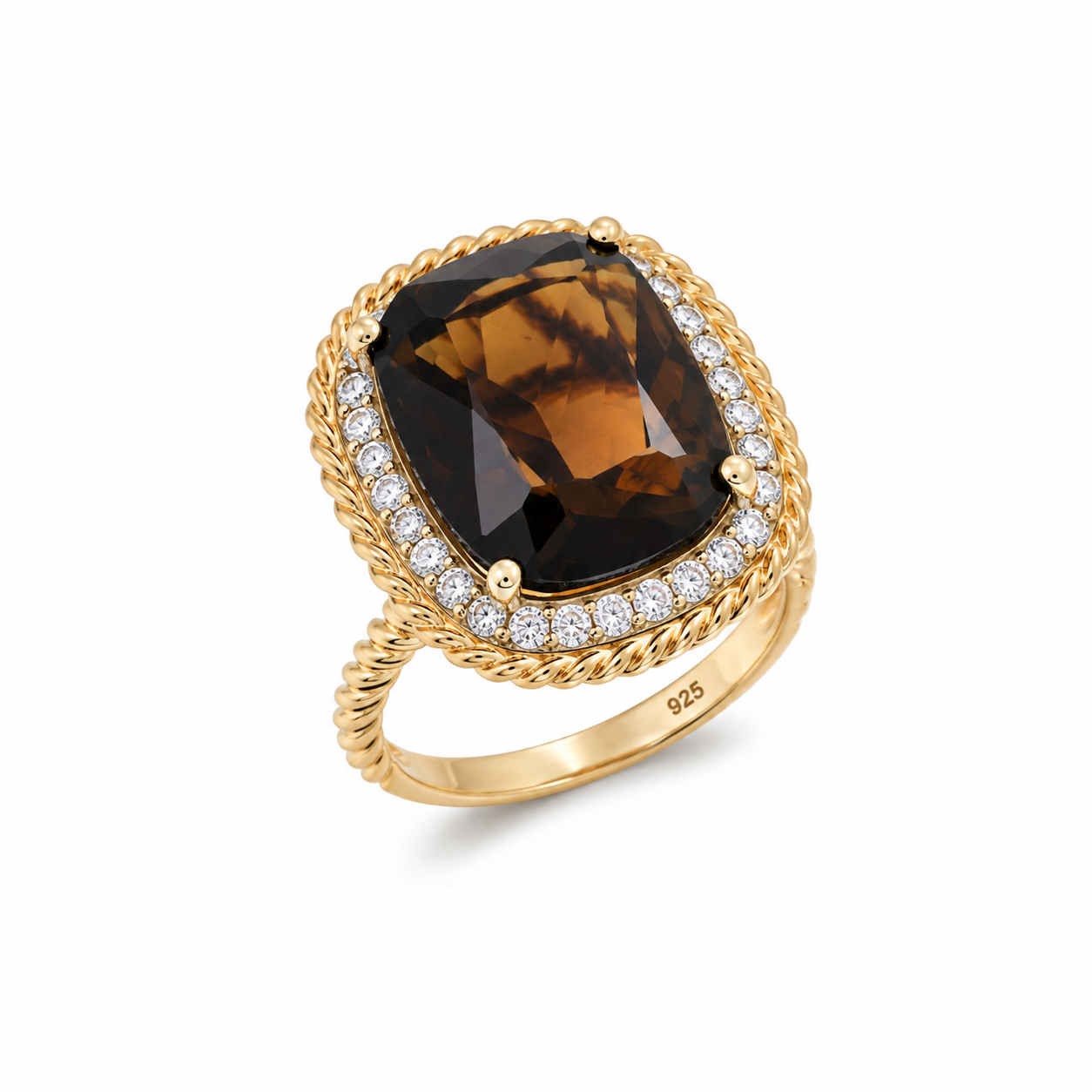 Liquidación - Anillo de plata 925 bañado en rodio y oro con centro marrón y circonitas cúbicas transparentes - STR00503