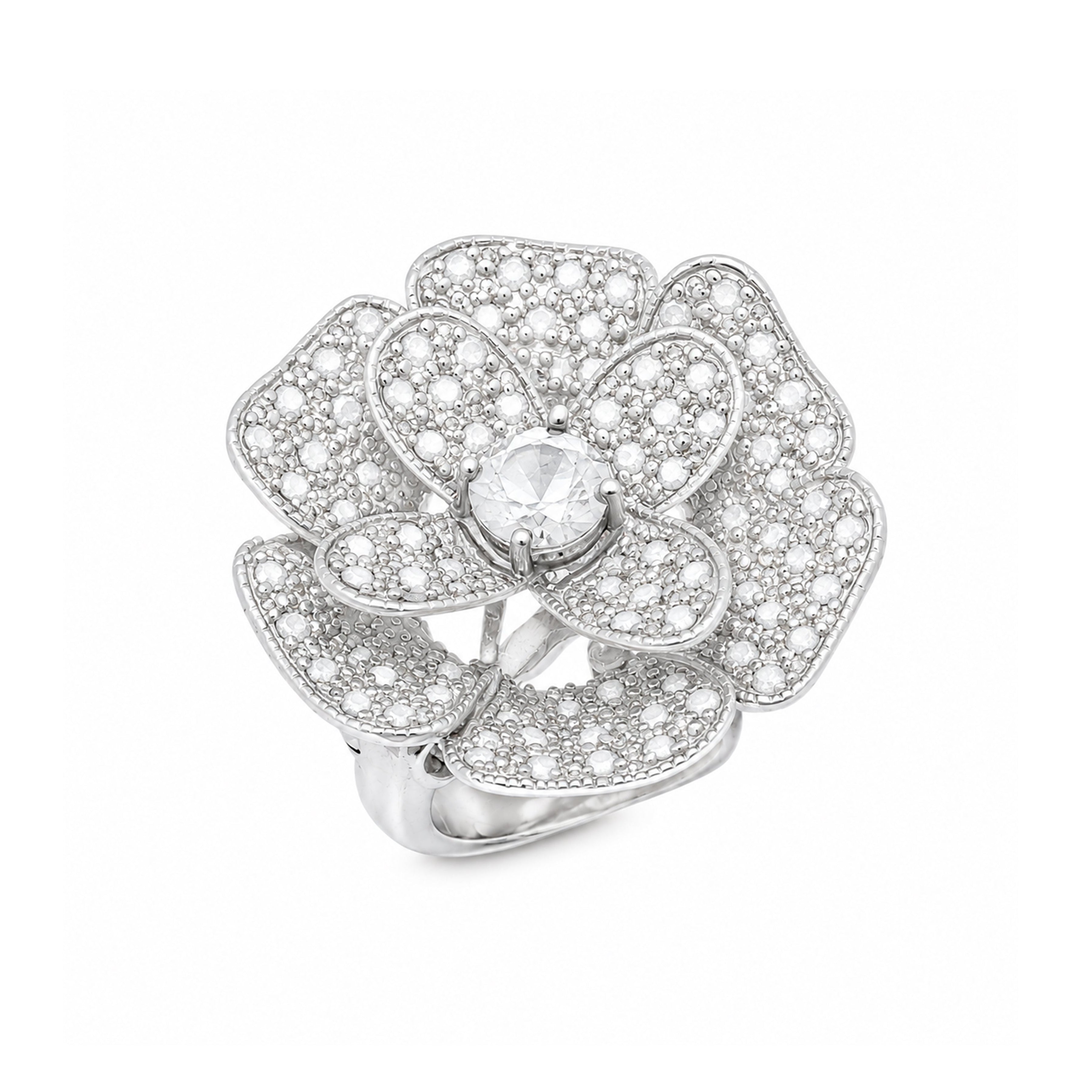 Liquidación - Anillo de flores con pavé de circonitas cúbicas negras o transparentes chapado en rodio y rodio negro - STR00521BLK