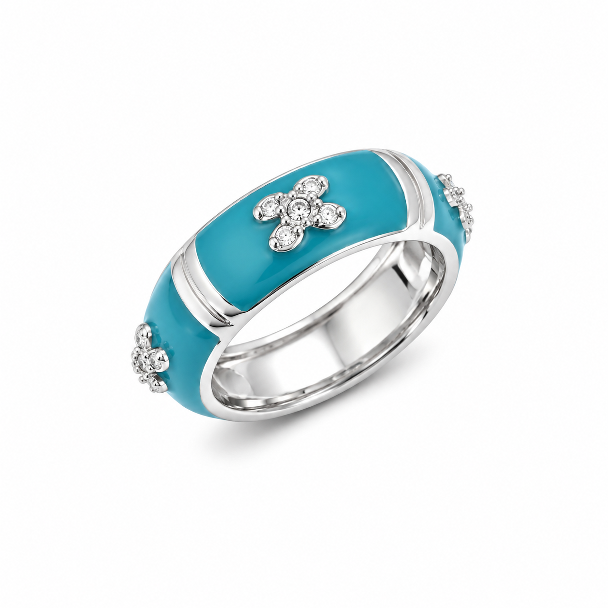 Clearance - Rhodium Plated 925 Silver Turquoise Enamel CZ Eternity Ring - STR00541