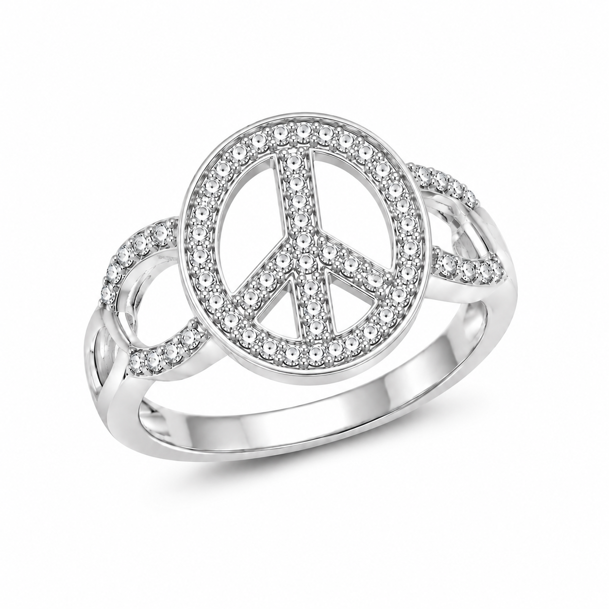Liquidación - Anillo ancho de plata 925 con baño de rodio y circonitas cúbicas con símbolo de la paz - STR00592