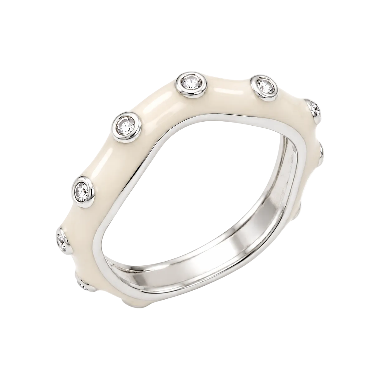 Anillo ondulado de circonitas cúbicas con esmalte blanco y baño de rodio en plata 925 (liquidación) - STR00686