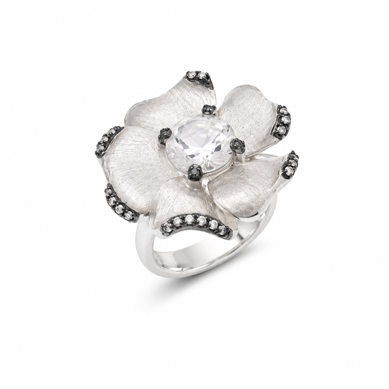 Liquidación - Anillo de flor de circonitas cúbicas con baño de rodio negro y plata 925 - STR00854