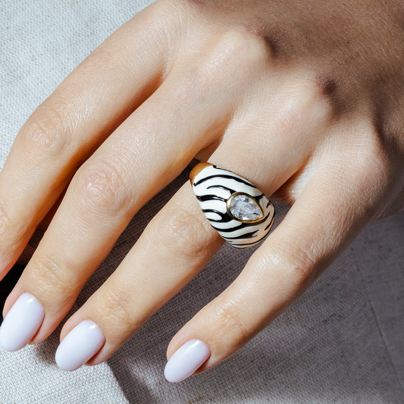 Closeout-Silver 925 Gold Plated Black White Enamel Clear Pear CZ Zebra Stripe Dome Ring - STR00873