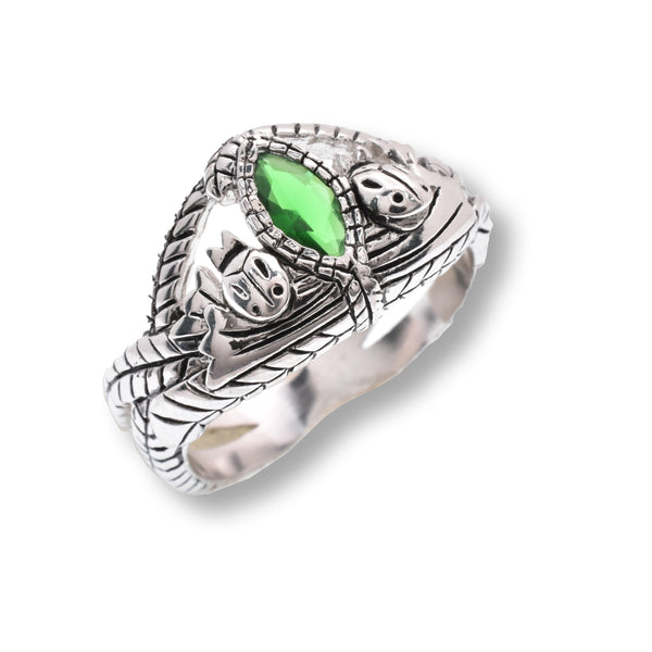 Rhodium Plated 925 Sterling Silver Mystical Green Marquise CZ Intricate Leaf Detailed 13.8mm Ring - STR00915