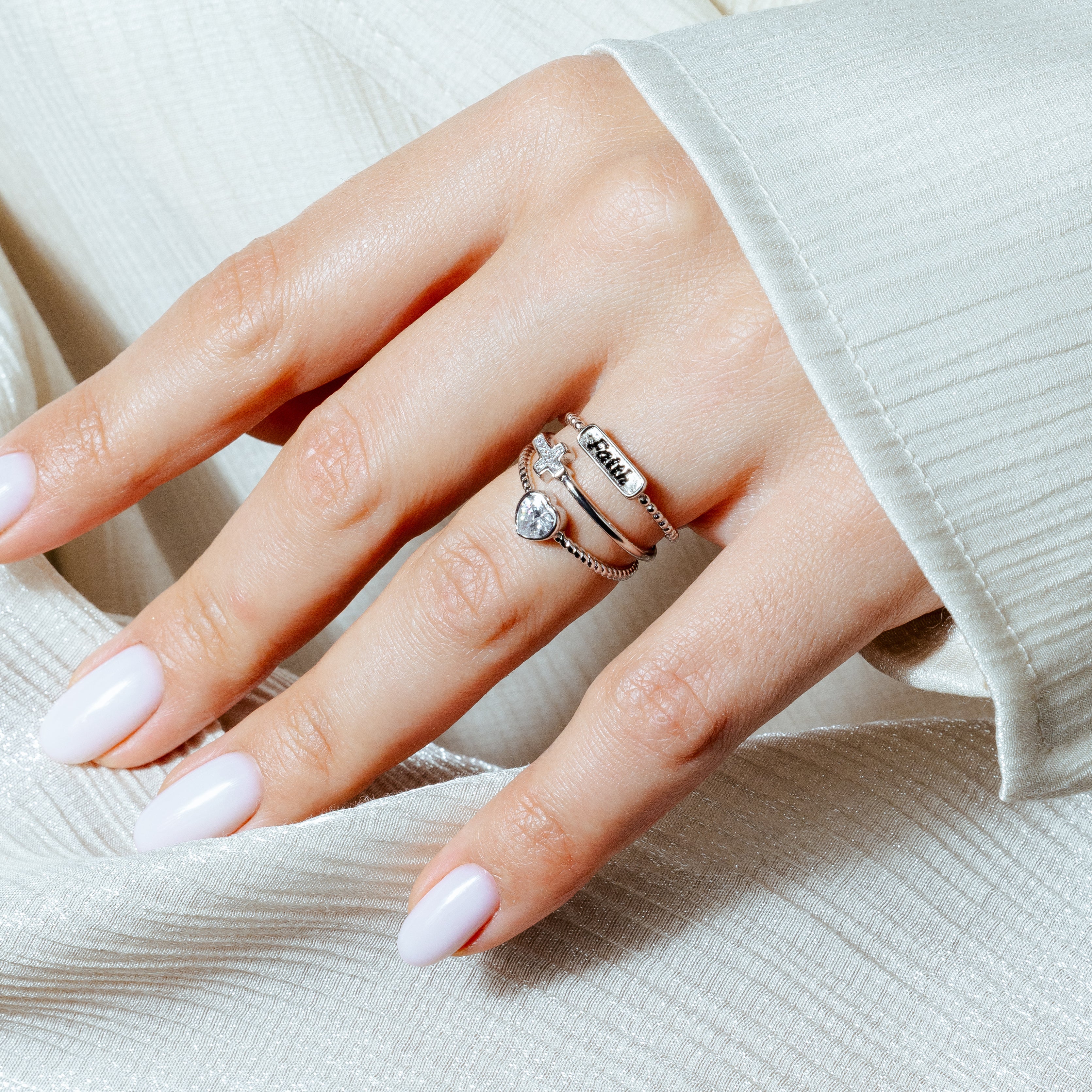 Silver 925 Rhodium Plated Triple Band Faith Heart Cross Ring with