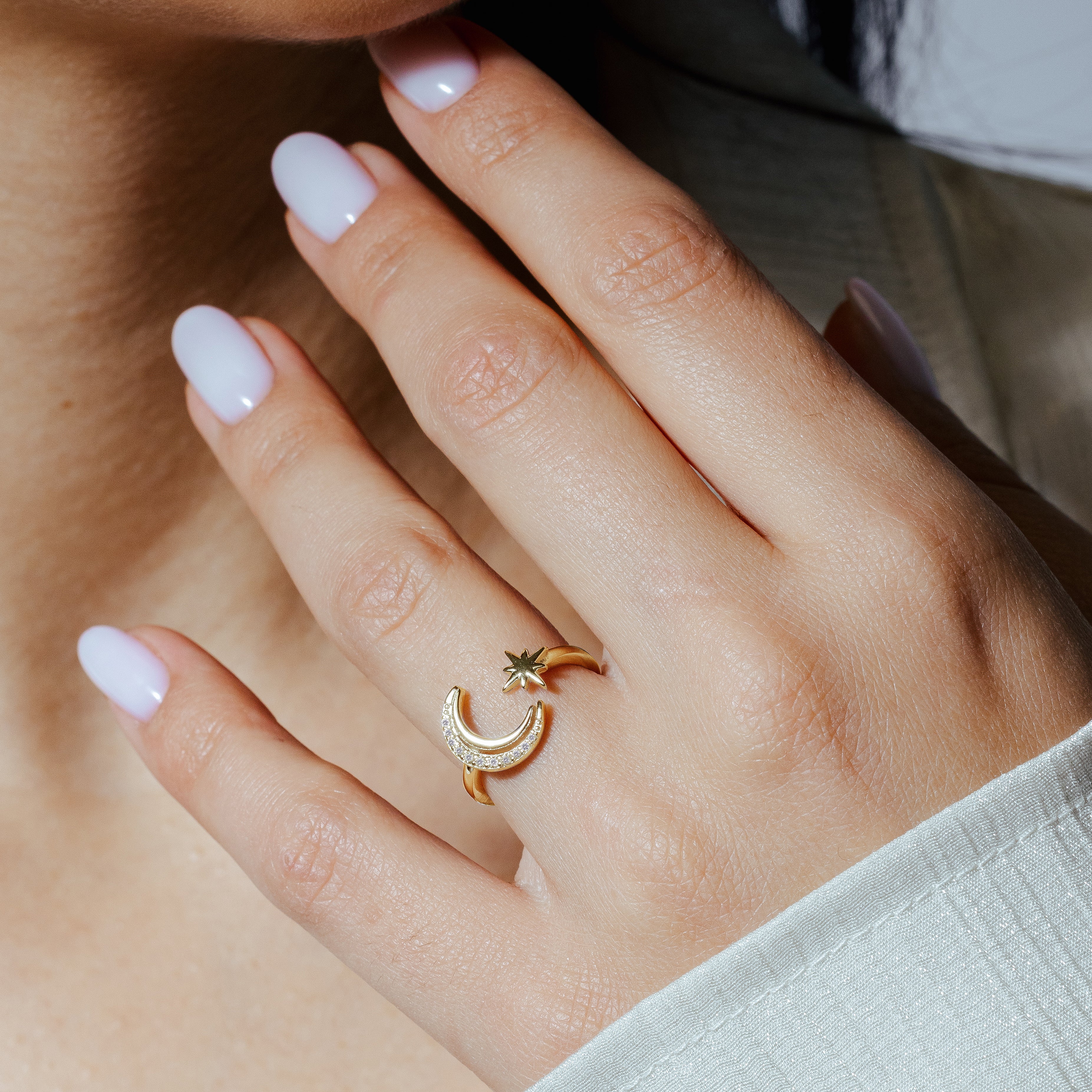 Gold Plated 925 Sterling Silver Cresent Moon and Star CZ Ring - STR01137GP