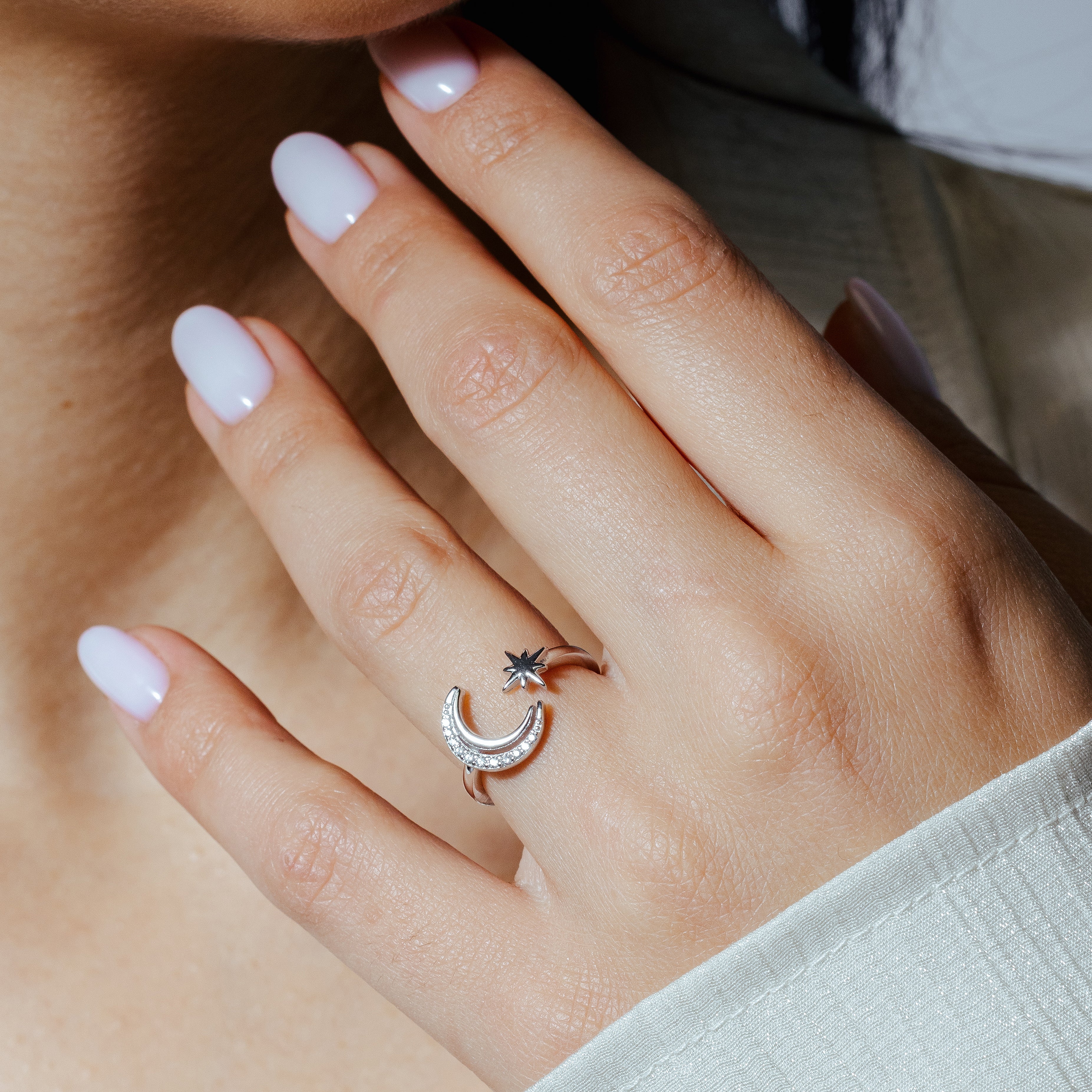 Rhodium Plated 925 Sterling Silver Cresent Moon and Star CZ Ring - STR01137RH