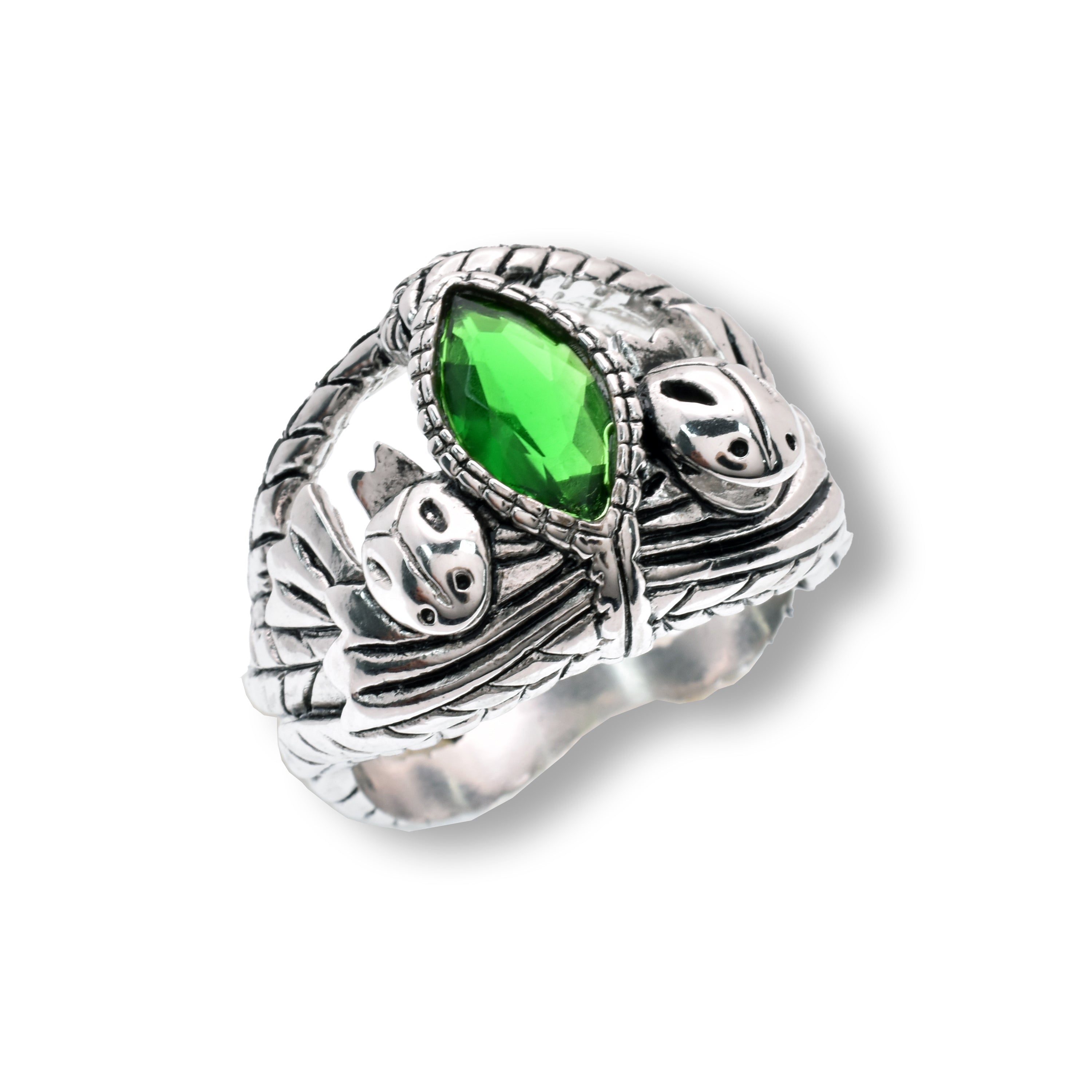 Anillo de plata de ley 925 rodiada con circonitas cúbicas místicas verdes marquesas y detalle de hoja intrincada de 19 mm - STRR1410
