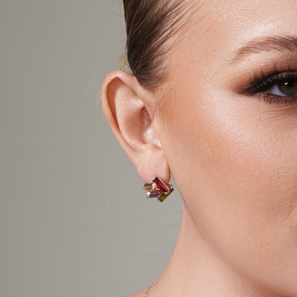 Juego de aretes y collar con circonita cúbica cuadrada abierta, baguette multicolor, chapado en rodio, plata 925 - STS00003-MULTI