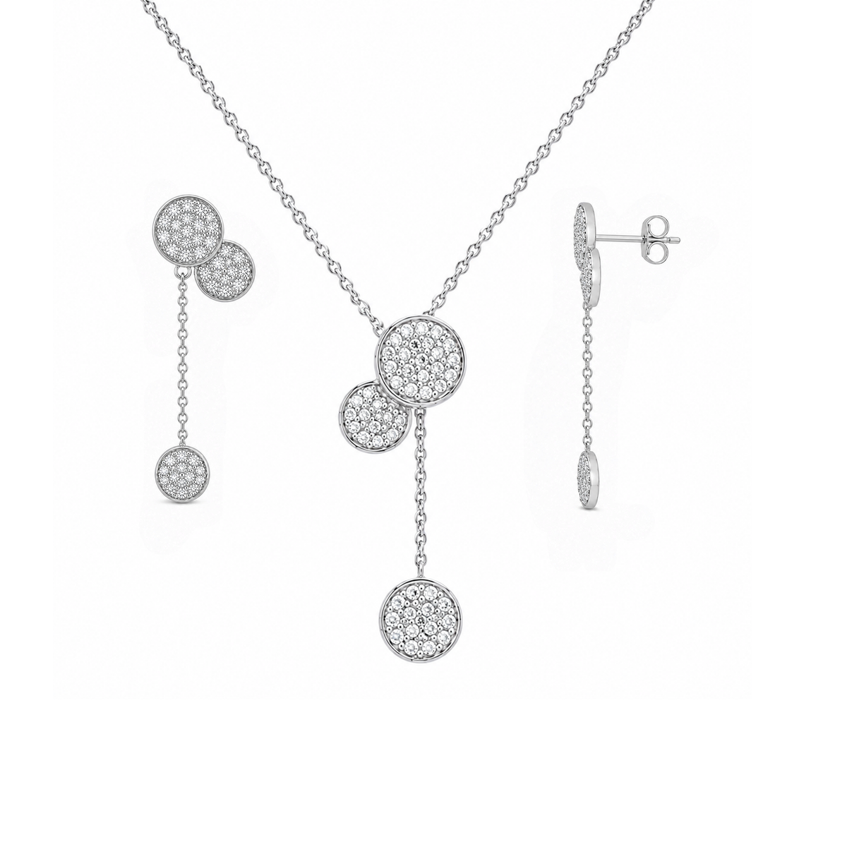 Juego de collar y aretes colgantes con circonita cúbica y disco graduado chapado en rodio en plata 925 - STS00004