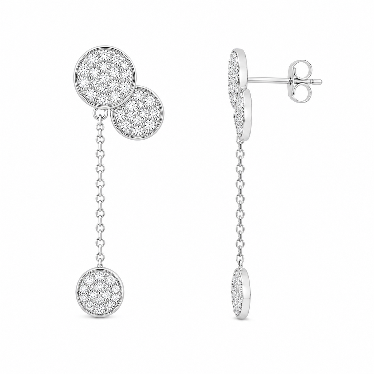 Juego de collar y aretes colgantes con circonita cúbica y disco graduado chapado en rodio en plata 925 - STS00004