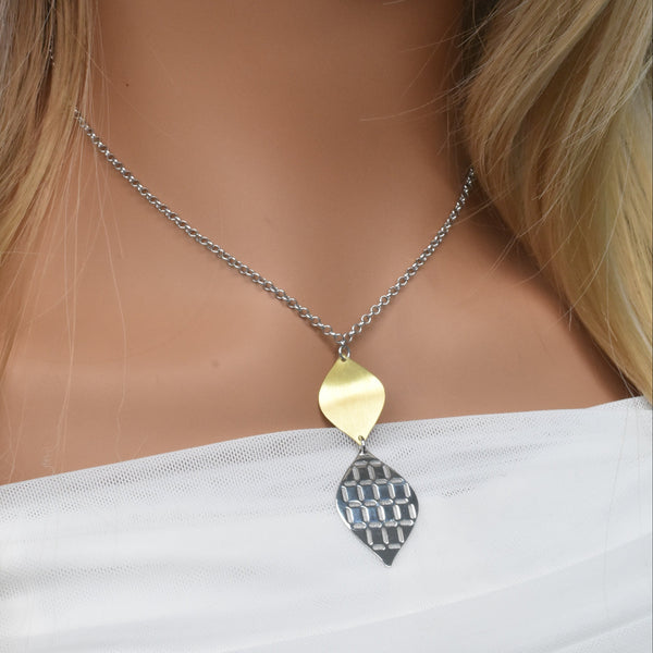 Rhodium & Gold Plated 925 Sterling Silver Cut Out Leaf Shaped Earring and Pendant Set - STS00005