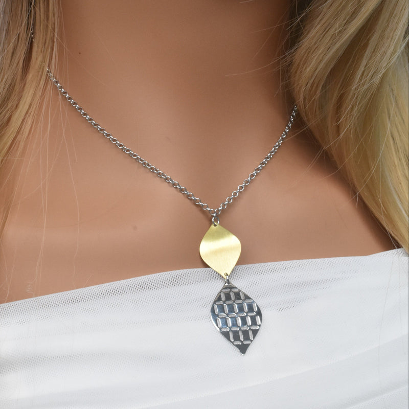 Rhodium & Gold Plated 925 Sterling Silver Cut Out Leaf Shaped Earring and Pendant Set - STS00005
