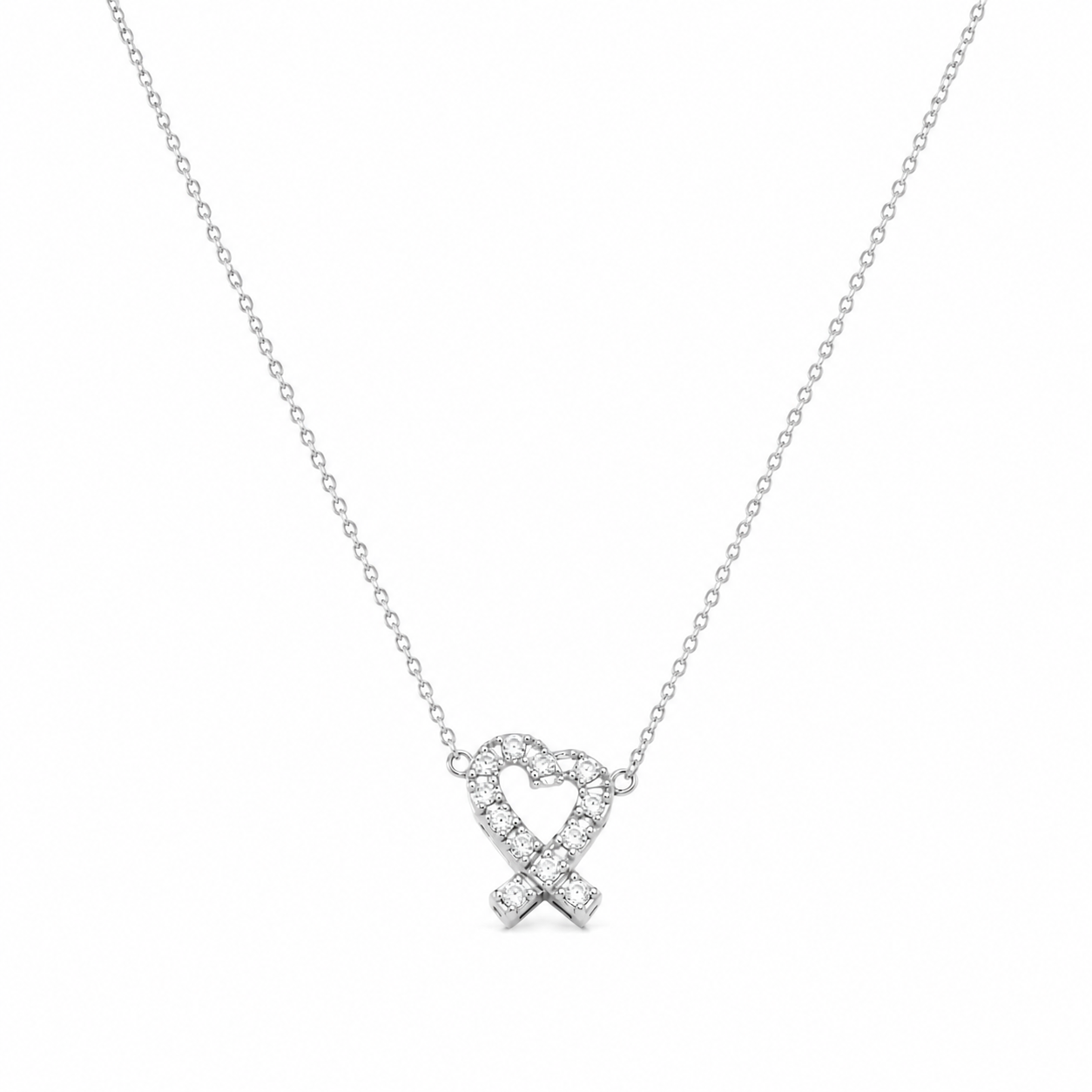 Rhodium Plated 925 Silver Ribbon Heart CZ Stud Earring and Necklace Set - STS00027