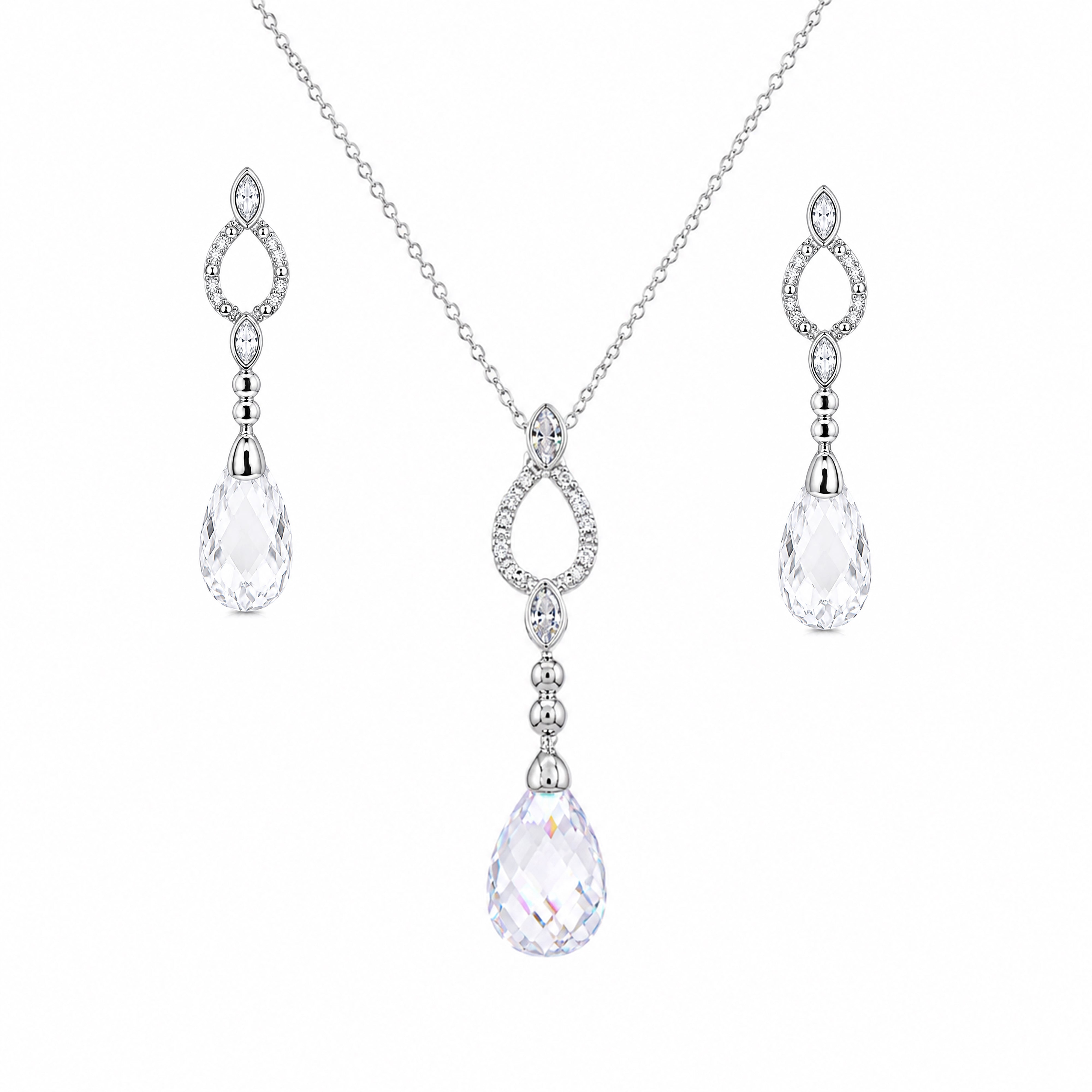 Rhodium Plated 925 Silver Open Teardrop CZ Dangling Stud Earring and Necklace Bridal Set - STS00074