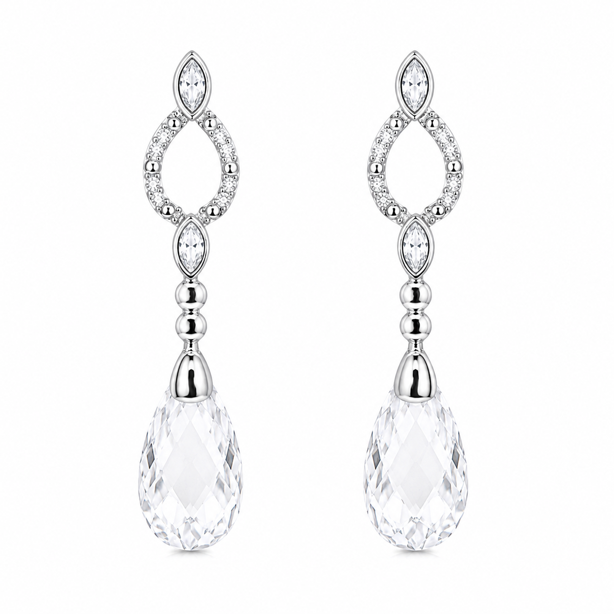 Rhodium Plated 925 Silver Open Teardrop CZ Dangling Stud Earring and Necklace Bridal Set - STS00074