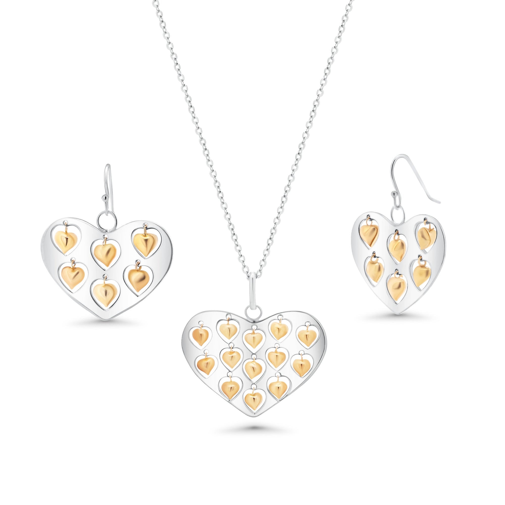 Clearance-Rhodium Plated 925 Sterling Silver Large Heart Pendant and Small Heart Earrings Set with Heart Charms - STS00075