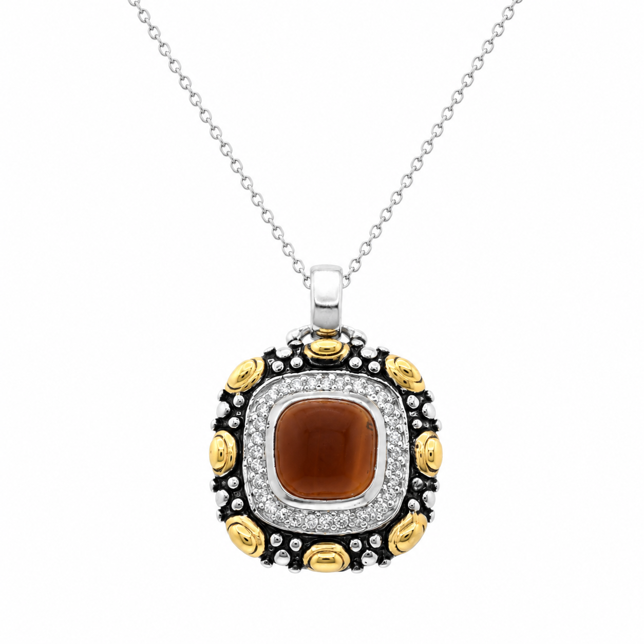 Final Price-Two-Tone Oxidized Brown Stone & CZ Square Pendant and Dangle Earring Jewelry Set- STS00093