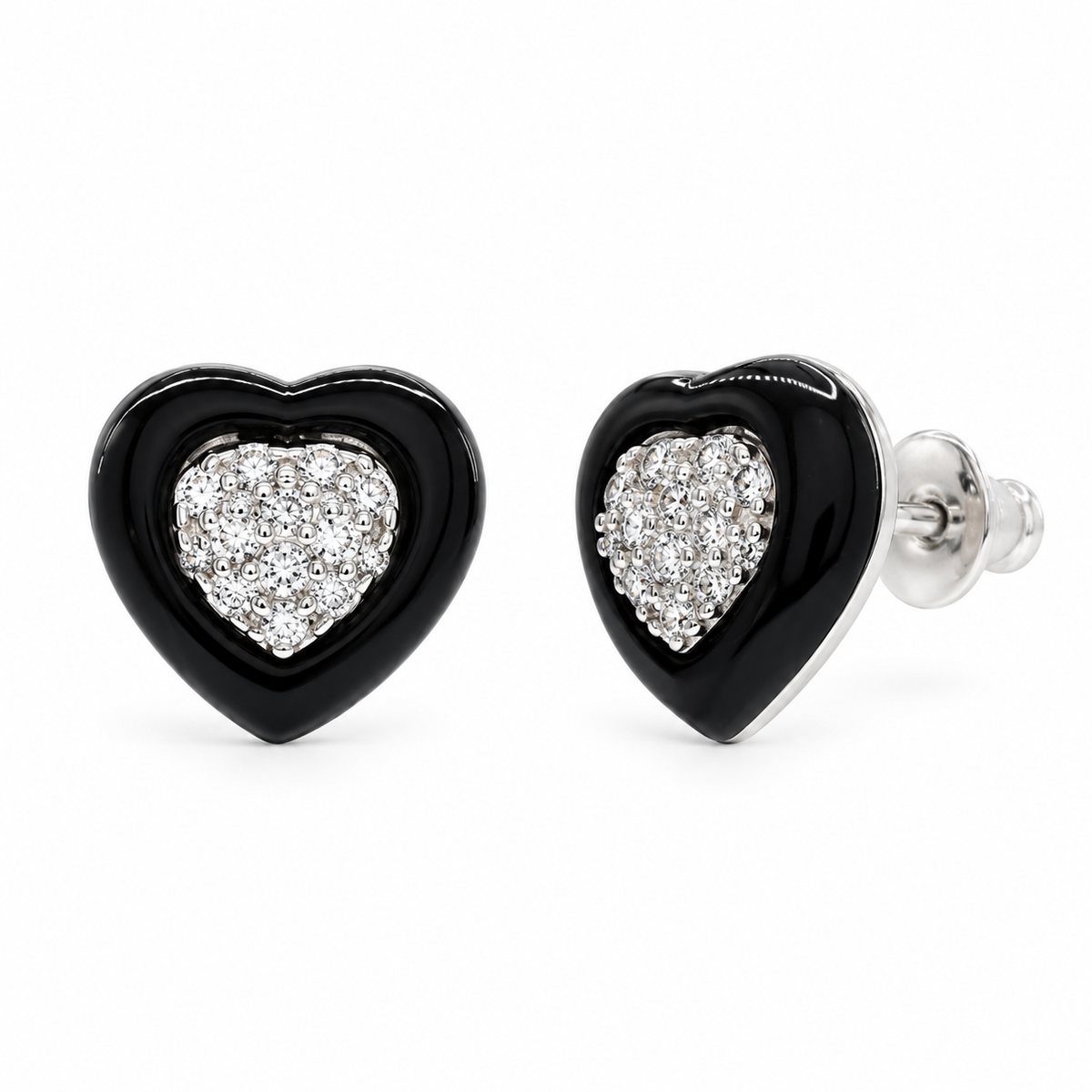 Clearance-Rhodium Plated 925 Sterling Silver Heart Clear CZ Inlay Black Onyx Stud Set - STS00108