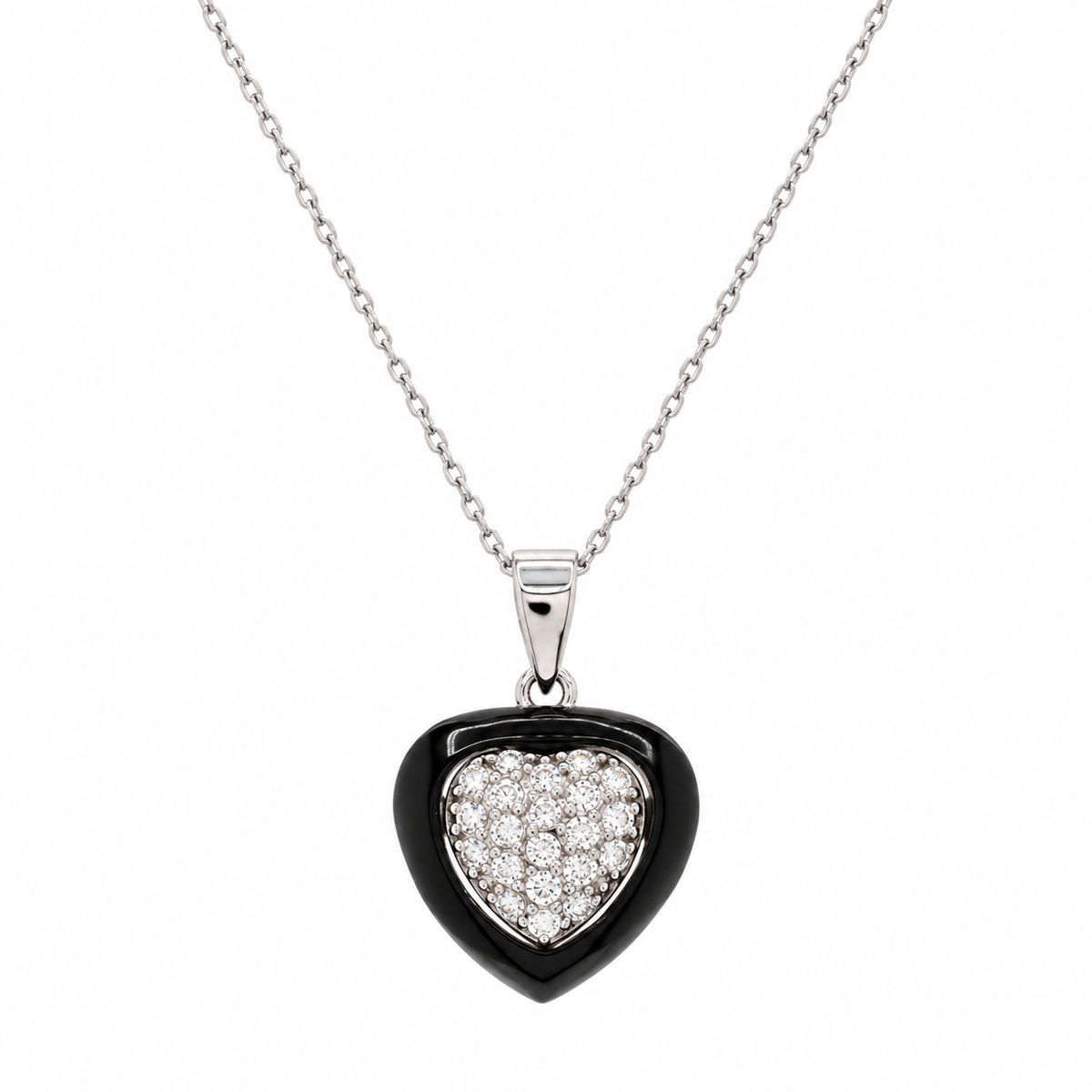 Clearance-Rhodium Plated 925 Sterling Silver Heart Clear CZ Inlay Black Onyx Stud Set - STS00108