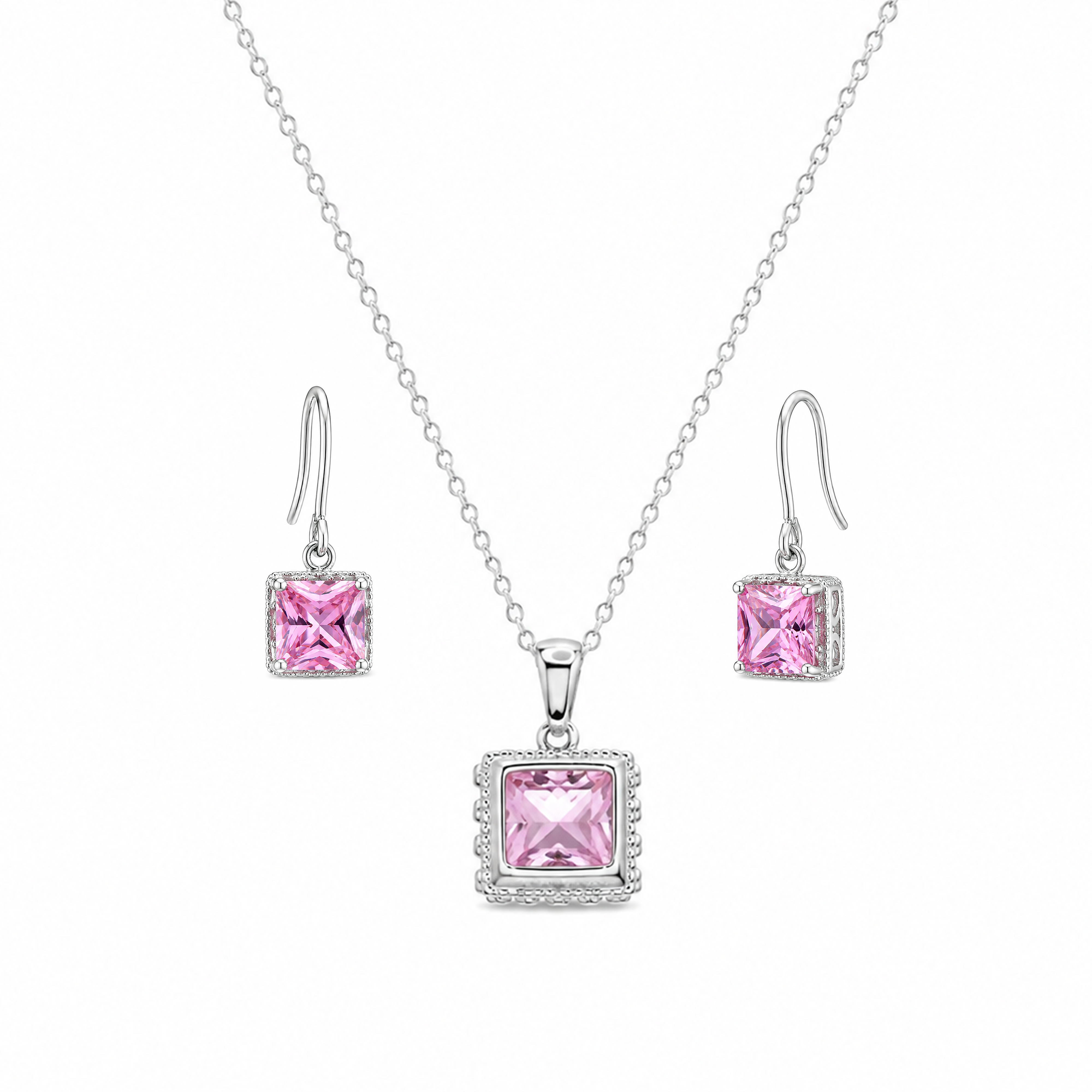 Rhodium Plated 925 Sterling Silver Princess Cut CZ Dangle Earring and Necklace Set- STS00135